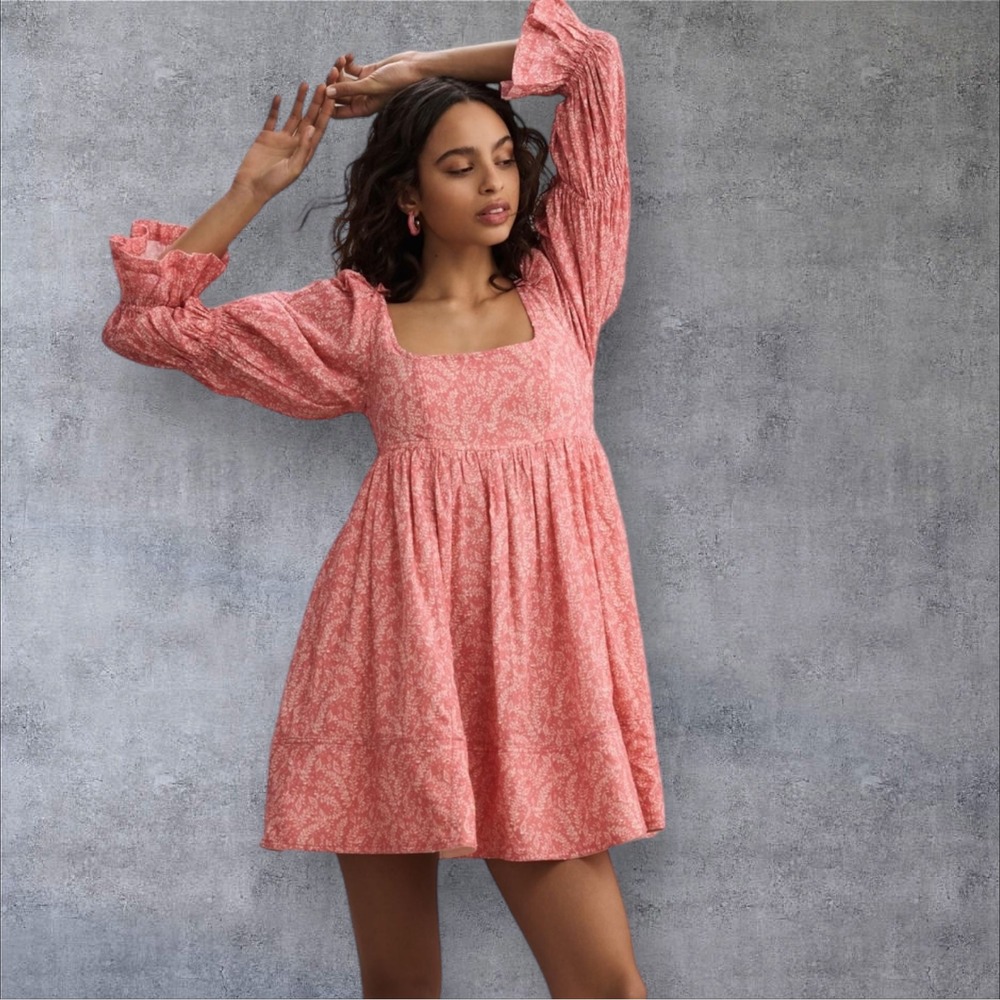 Pilcro‎ Floral Mini Dress Smocked Open Back Long Sleeve Pink XL